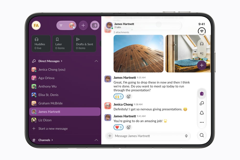 iPhone Duo abierto con la app Slack en la pantalla interior.