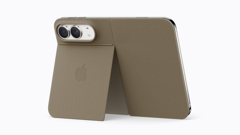 iPhone Duo con el Folio oficial de Apple en color taupe.